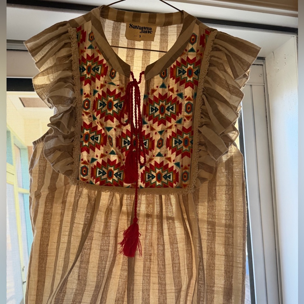 Savanna Jane Beige and Cream with Red Embroidered Blouse